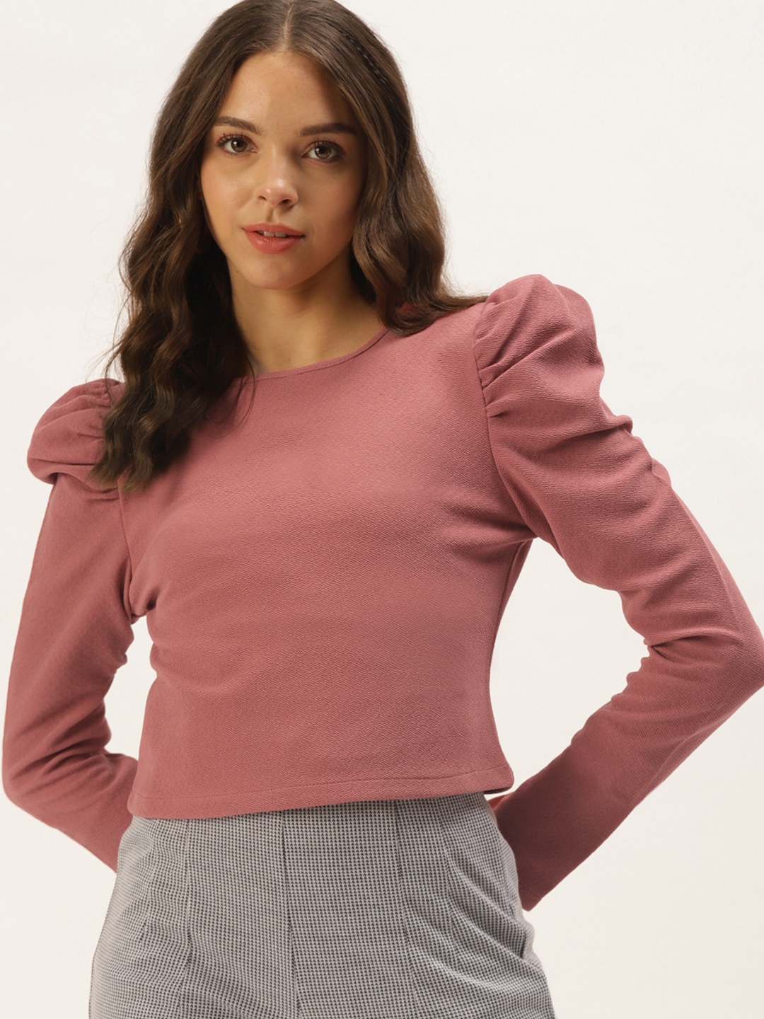 

Zastraa Women Rust Pink Solid Puff-Sleeve Regular Top