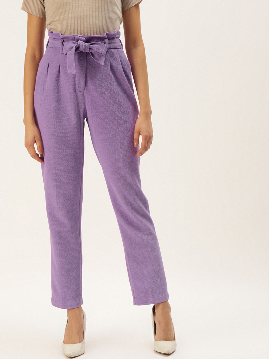 

Zastraa Women Purple Solid Slim Fit Peg Trousers