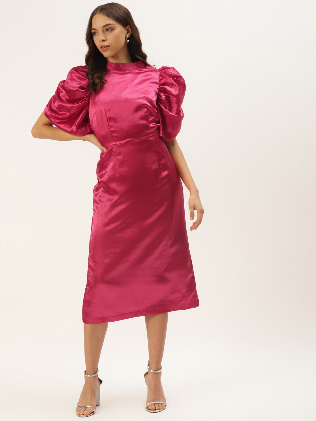 

Zastraa Women Pink Solid Satin Sheath Dress With Puff Sleeves