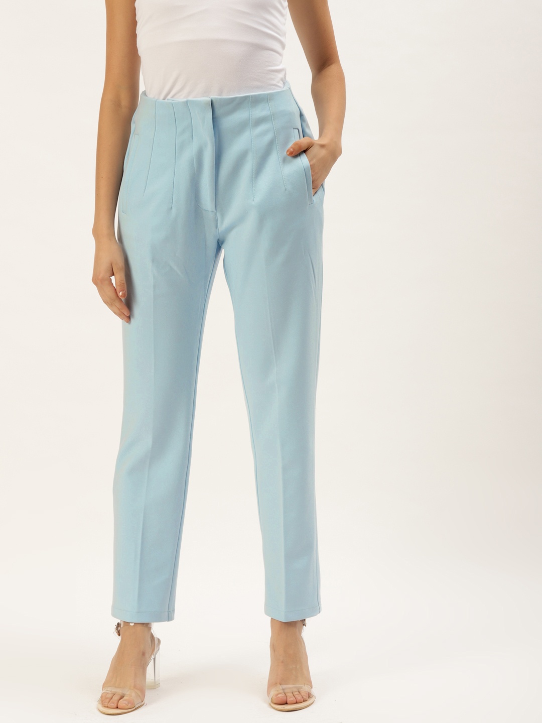 

Zastraa Women Sky Blue Slim Fit High-Rise Formal Trousers