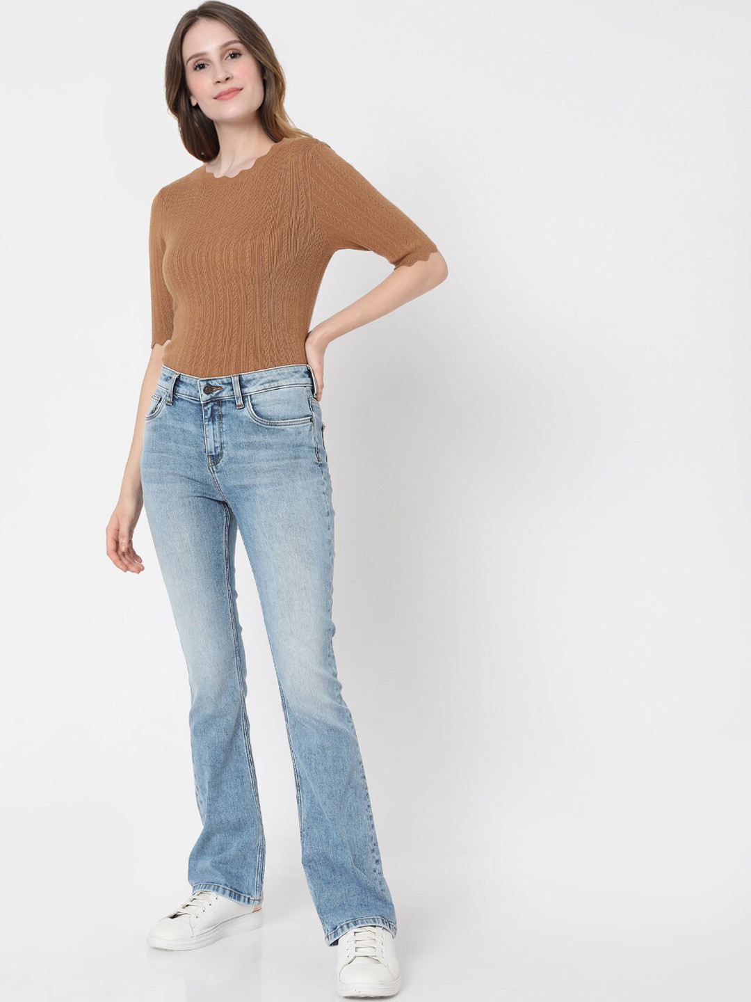 

Vero Moda Women Blue Flared Low Distress Heavy Fade Jeans