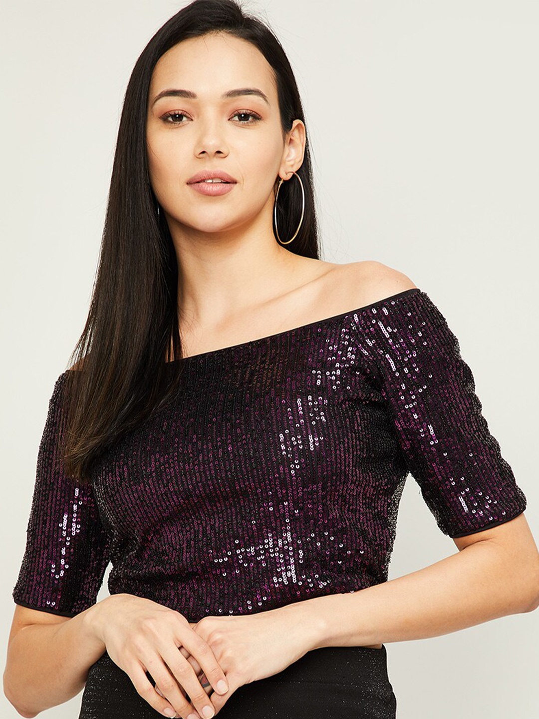 

Ginger by Lifestyle Brown Embellished Off-Shoulder Bardot Crop Top