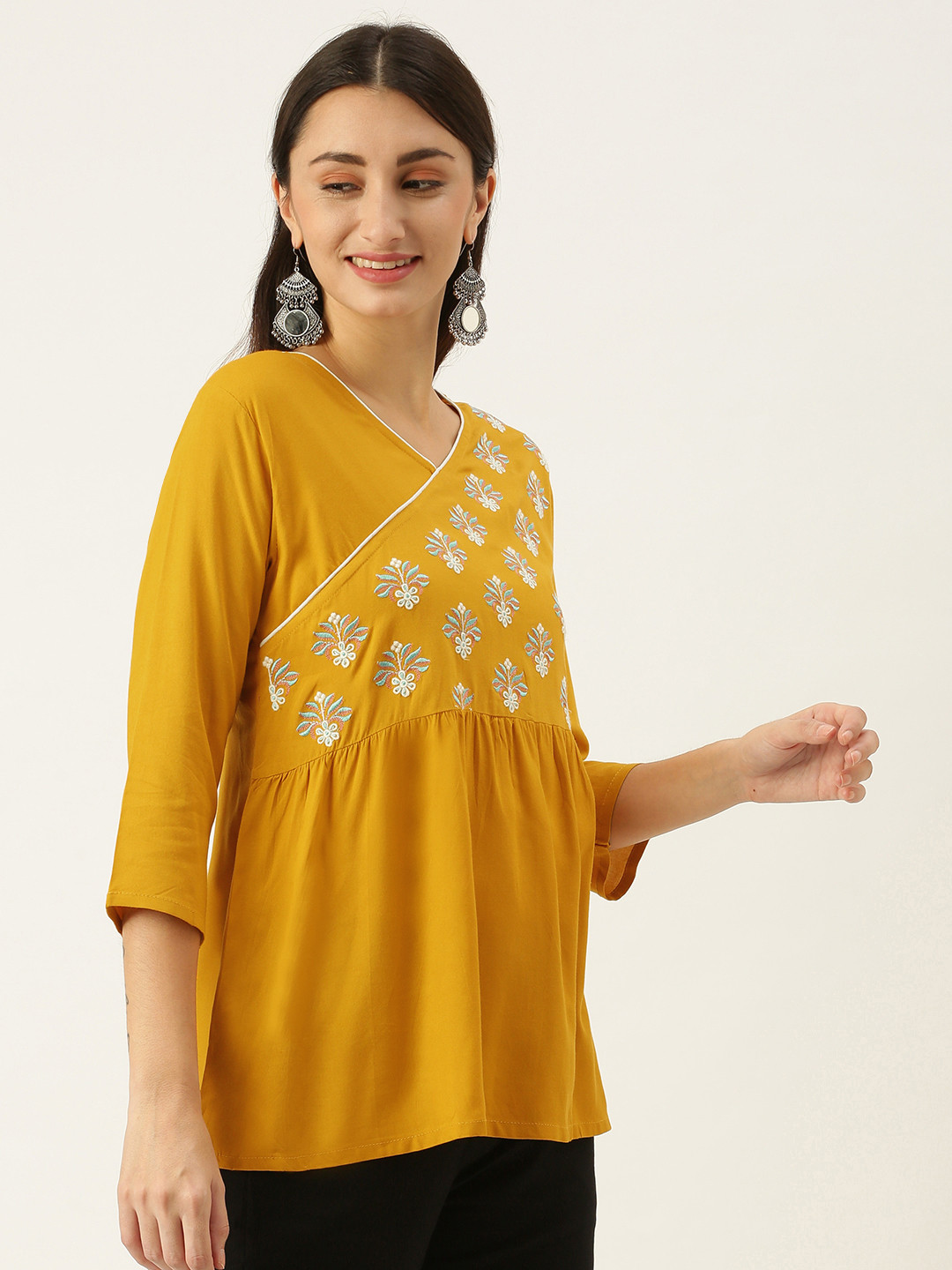 

SWAGG INDIA Mustard Yellow Floral Embroidered A-Line Top