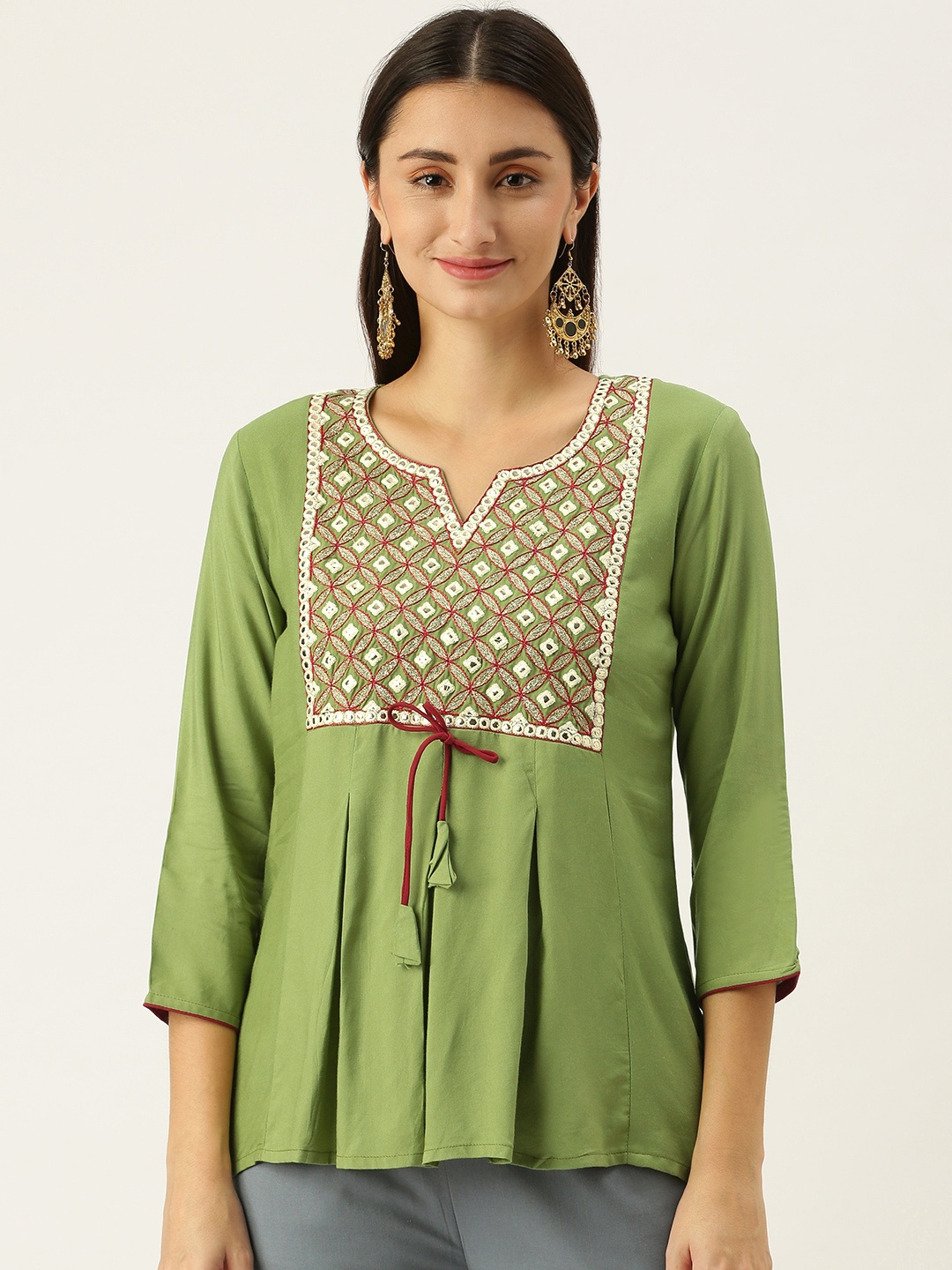

SWAGG INDIA Green Embroidered A-Line Top