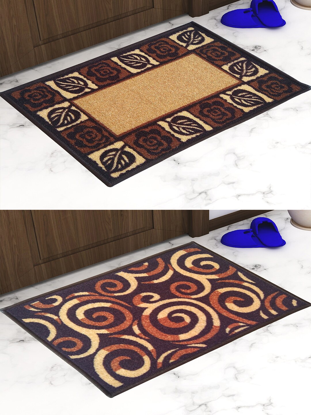 

Athom Trendz Set Of 2 Patterned Anti Skid Rectangular Door Mats, Brown