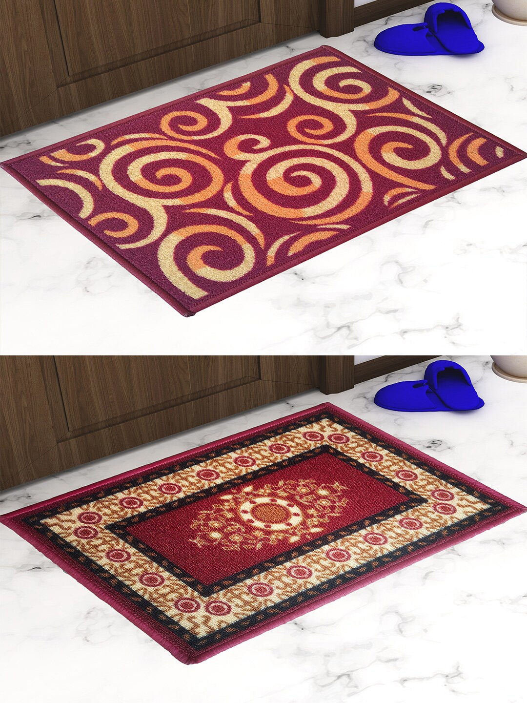 

Athom Trendz Set Of 2 Printed Anti-Skid Door Mats, Maroon