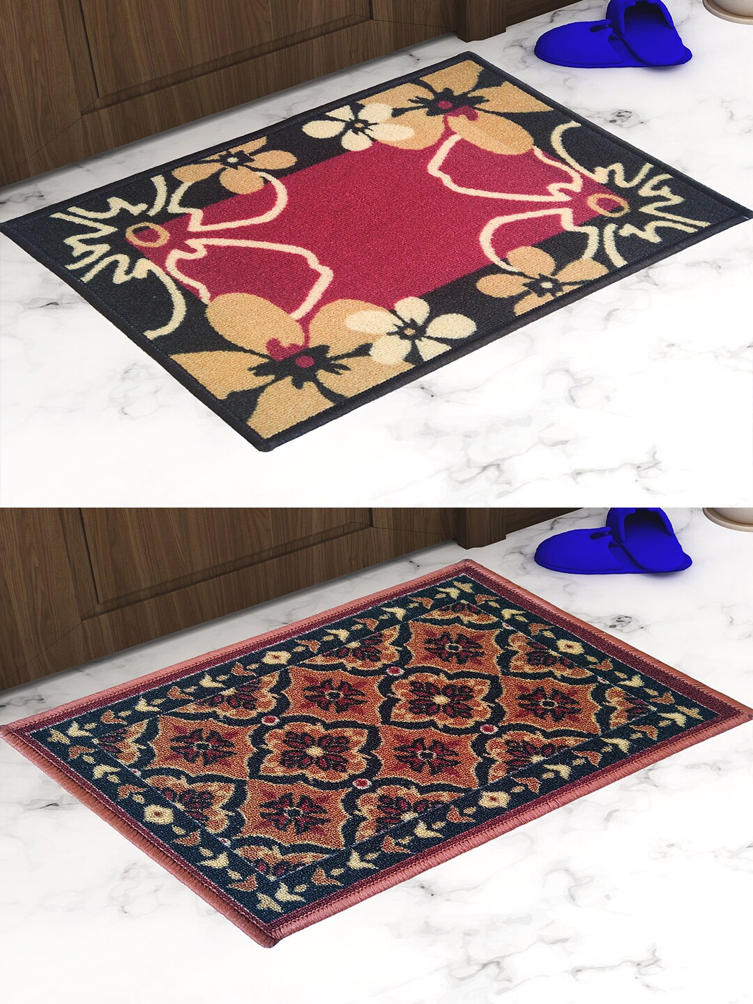 

Athom Trendz Set Of 2 Blak & Brown Printed Anti Skid Door Mats