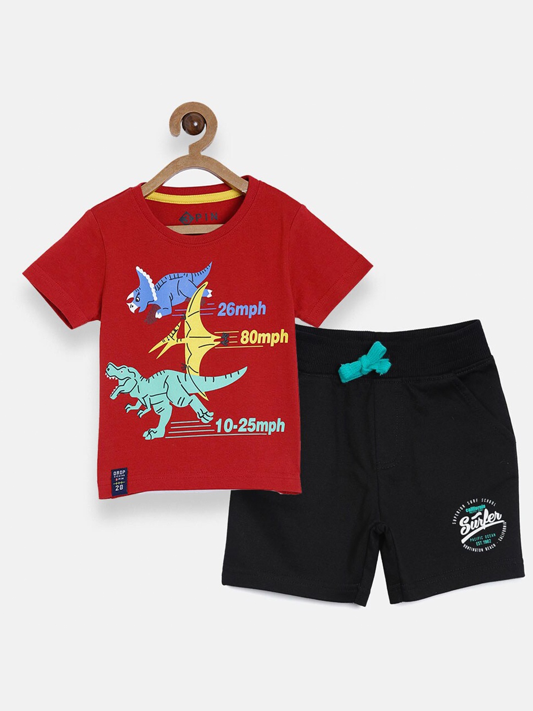 

3PIN Boys Red & Black Printed Pure Cotton T-shirt & Shorts Set