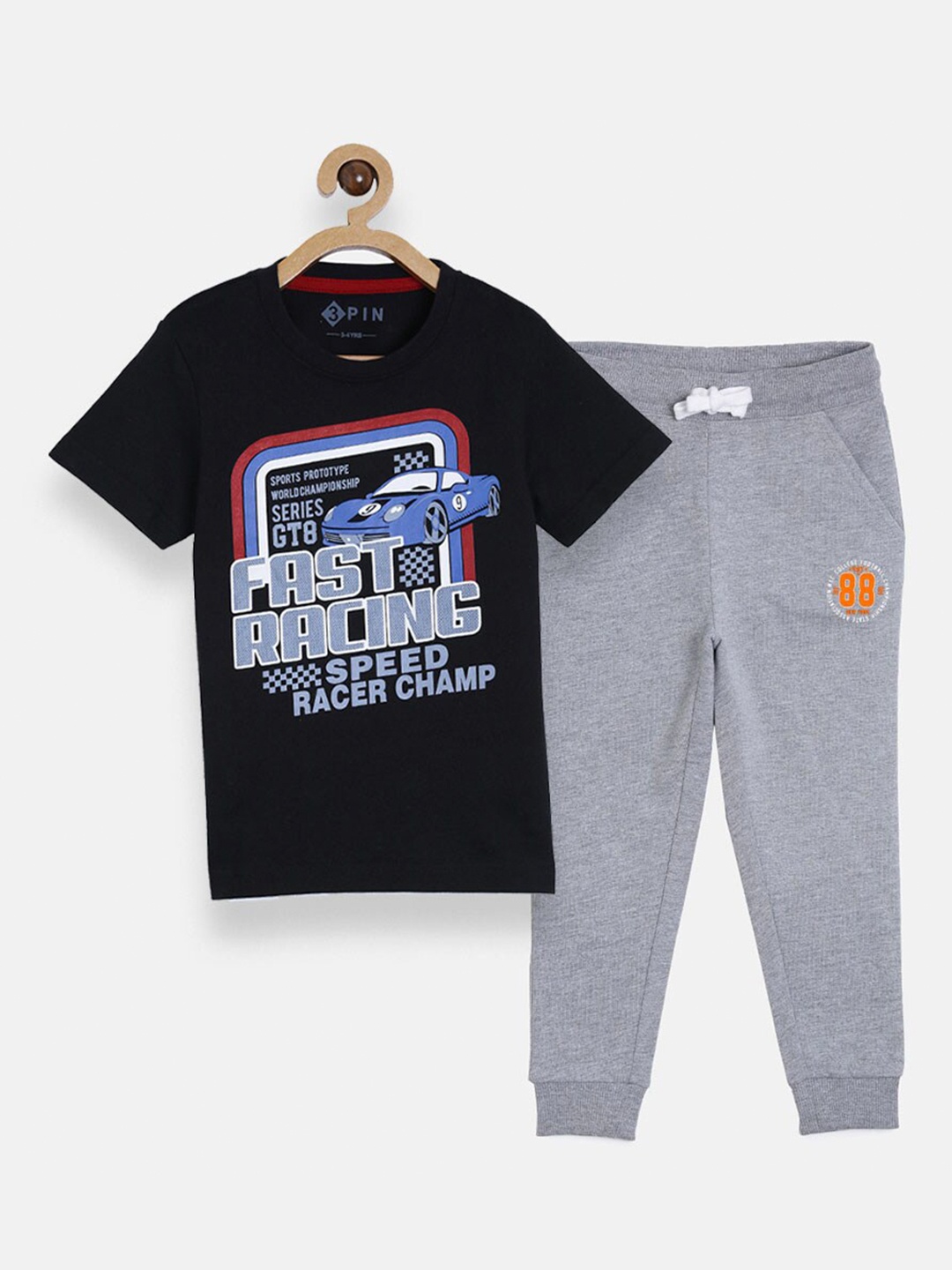 

3PIN Boys Black & Grey Printed Pure Cotton T-shirt with Joggers