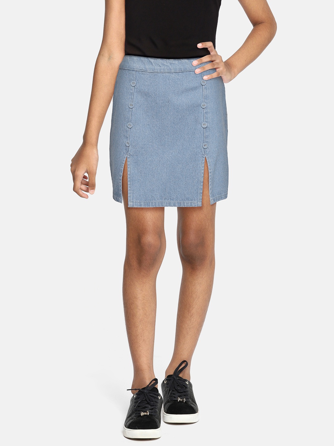 

Noh.Voh - SASSAFRAS Kids Girls Blue Solid A- Line Denim Mini Skirt With Button Detailing