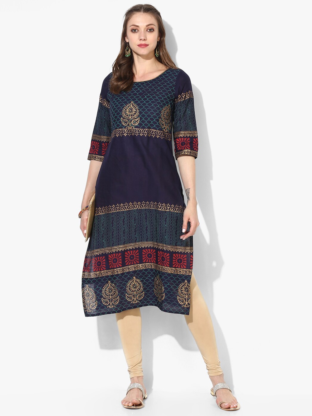 

Varkha Fashion Women Navy Blue & Gold-Toned Ethnic Motifs Printed Kurta