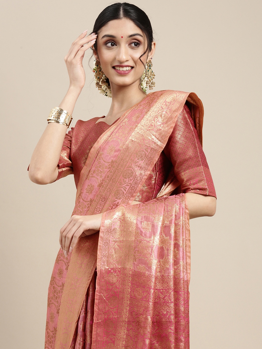 

Saree mall Pink Ethnic Motifs Woven Silk Blend Banarasi Saree