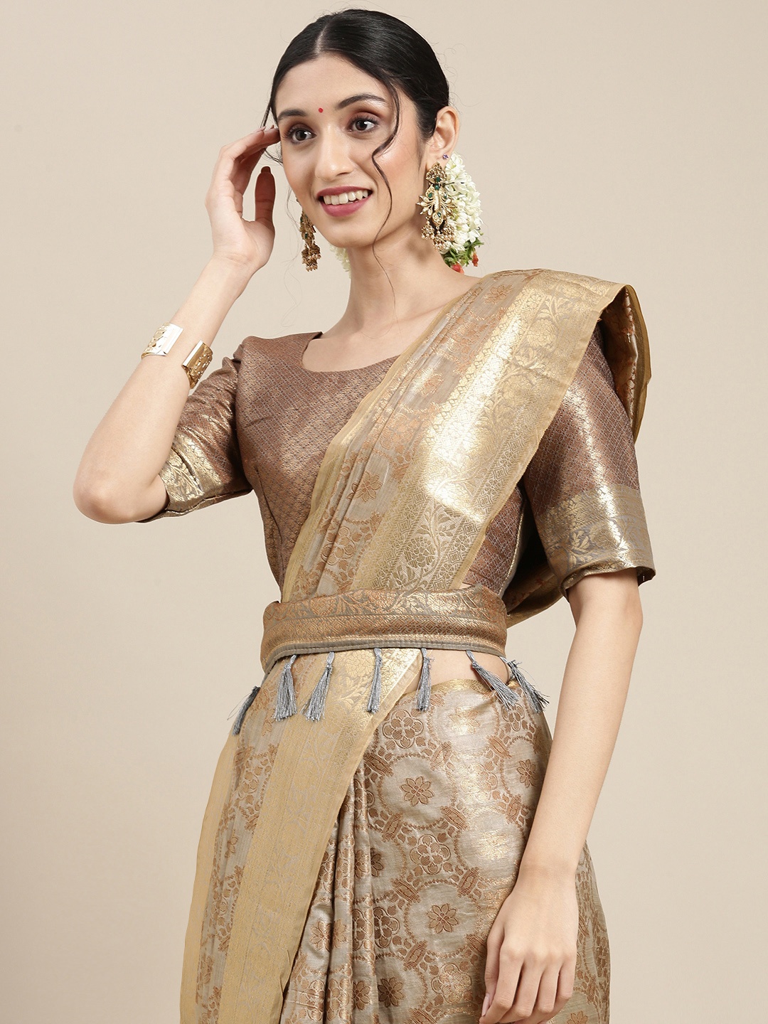 

Saree mall Grey & Gold-Toned Ethnic Motifs Woven Silk Blend Banarasi Sarees