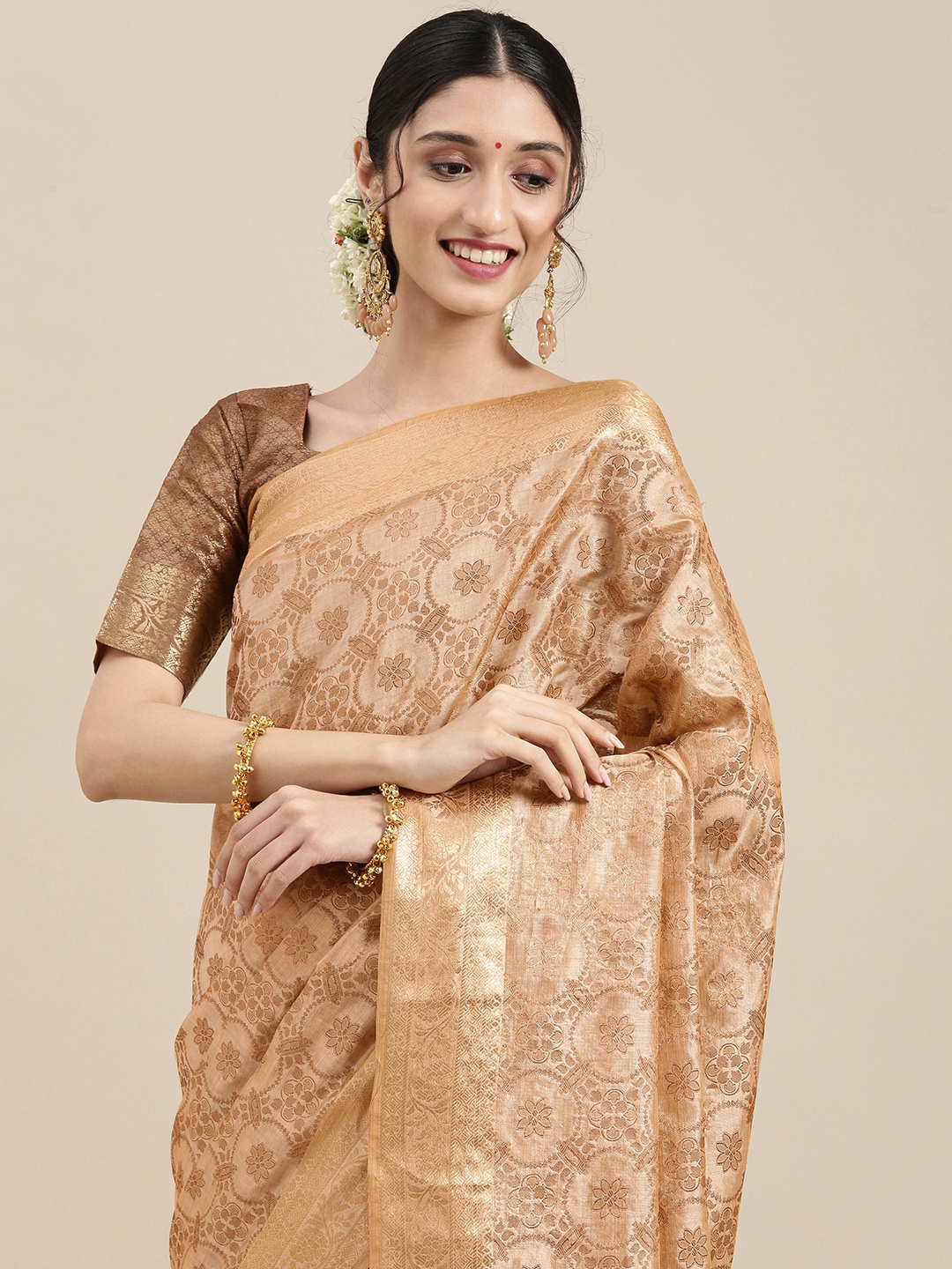 

Saree mall Cream-Coloured Silk Blend Banarasi Sarees