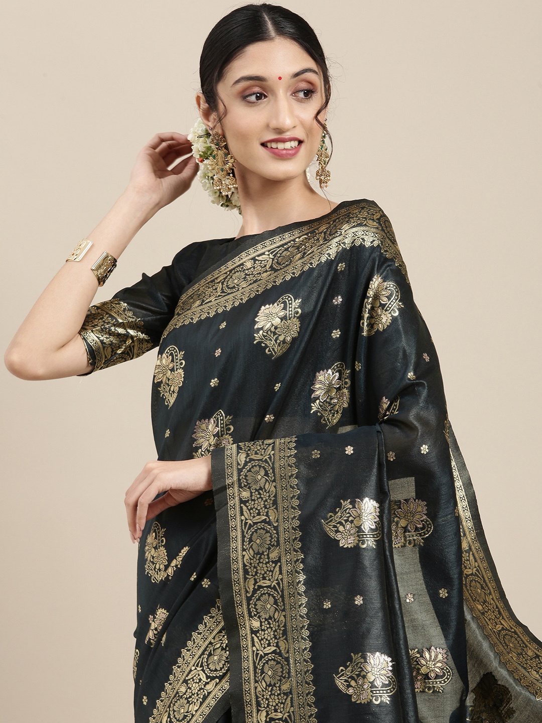 

Saree mall Black & Gold-Toned Ethnic Motifs Woven Silk Blend Banarasi Sarees