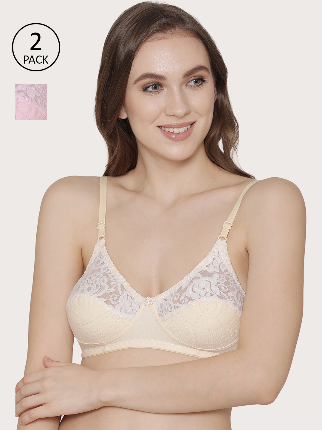 

Kalyani Pack Of 2 Rose & Cream-Coloured Floral T-shirt Bras