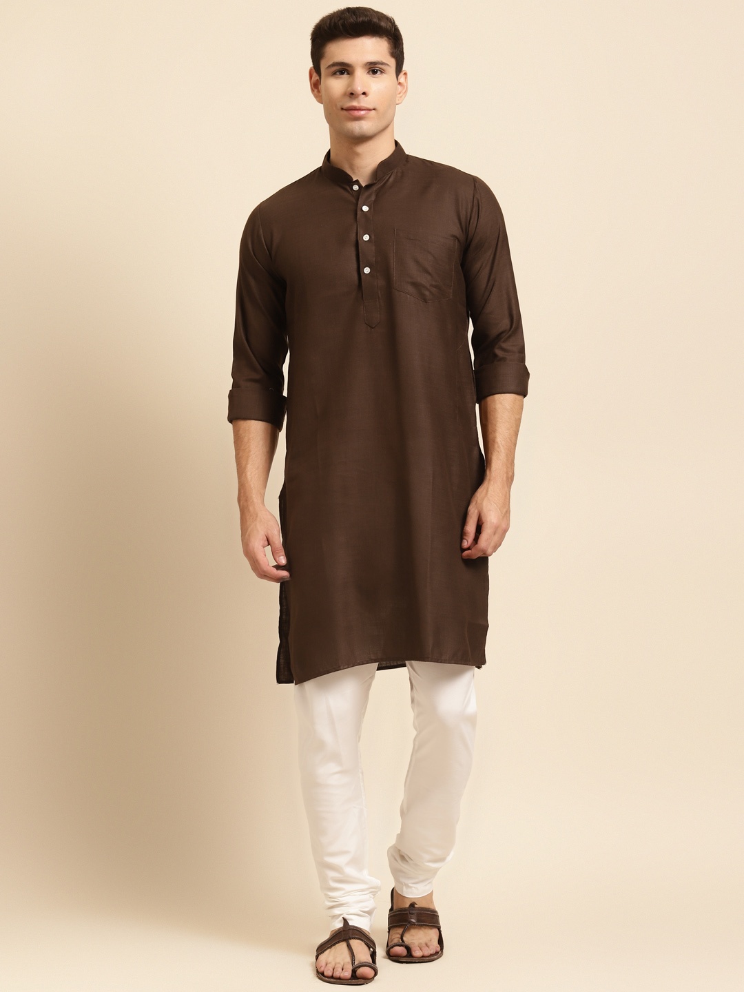 

RAJUBHAI HARGOVINDAS Men Brown Solid Straight Kurta