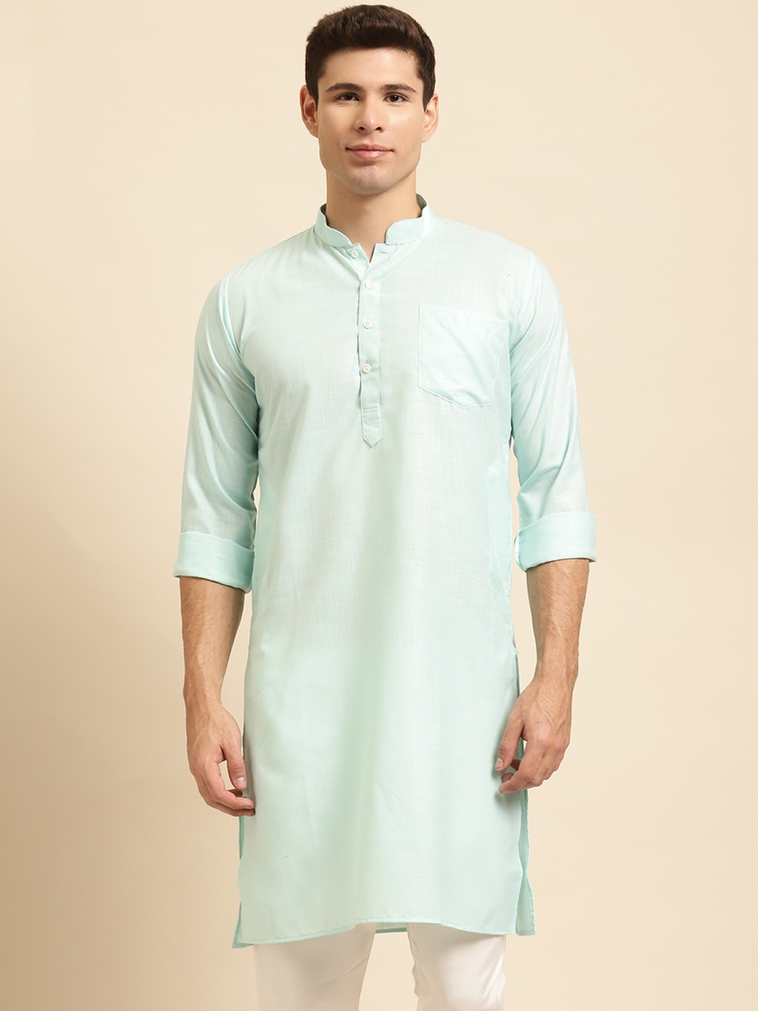 

RAJUBHAI HARGOVINDAS Men Blue Solid Straight Kurta