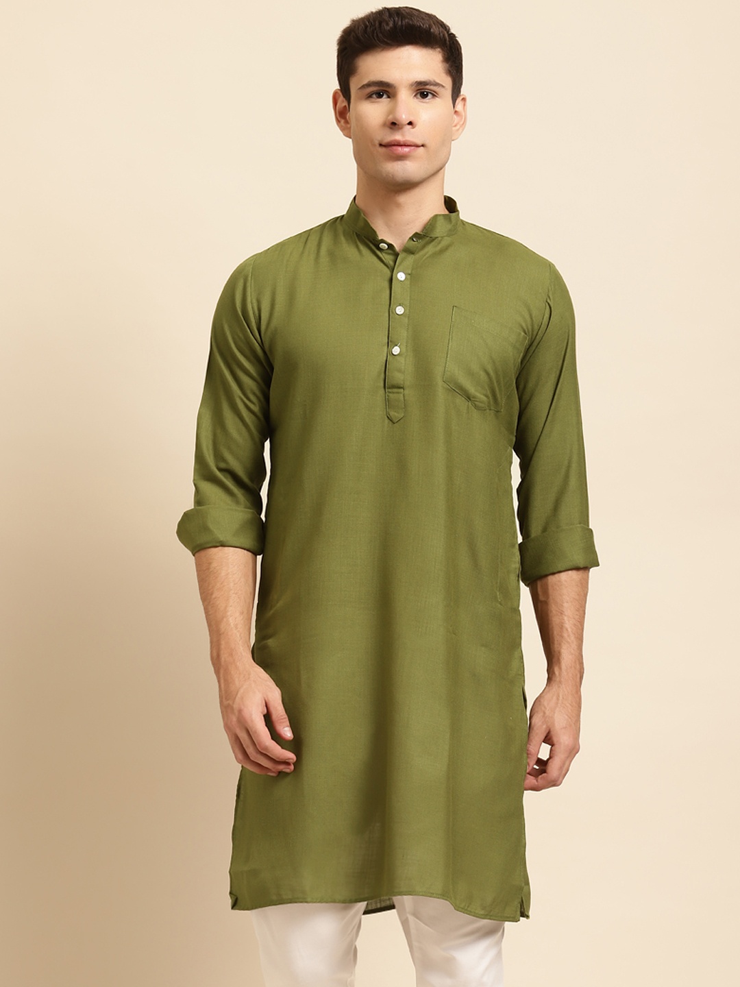 

RAJUBHAI HARGOVINDAS Men Olive Green Solid Straight Kurta