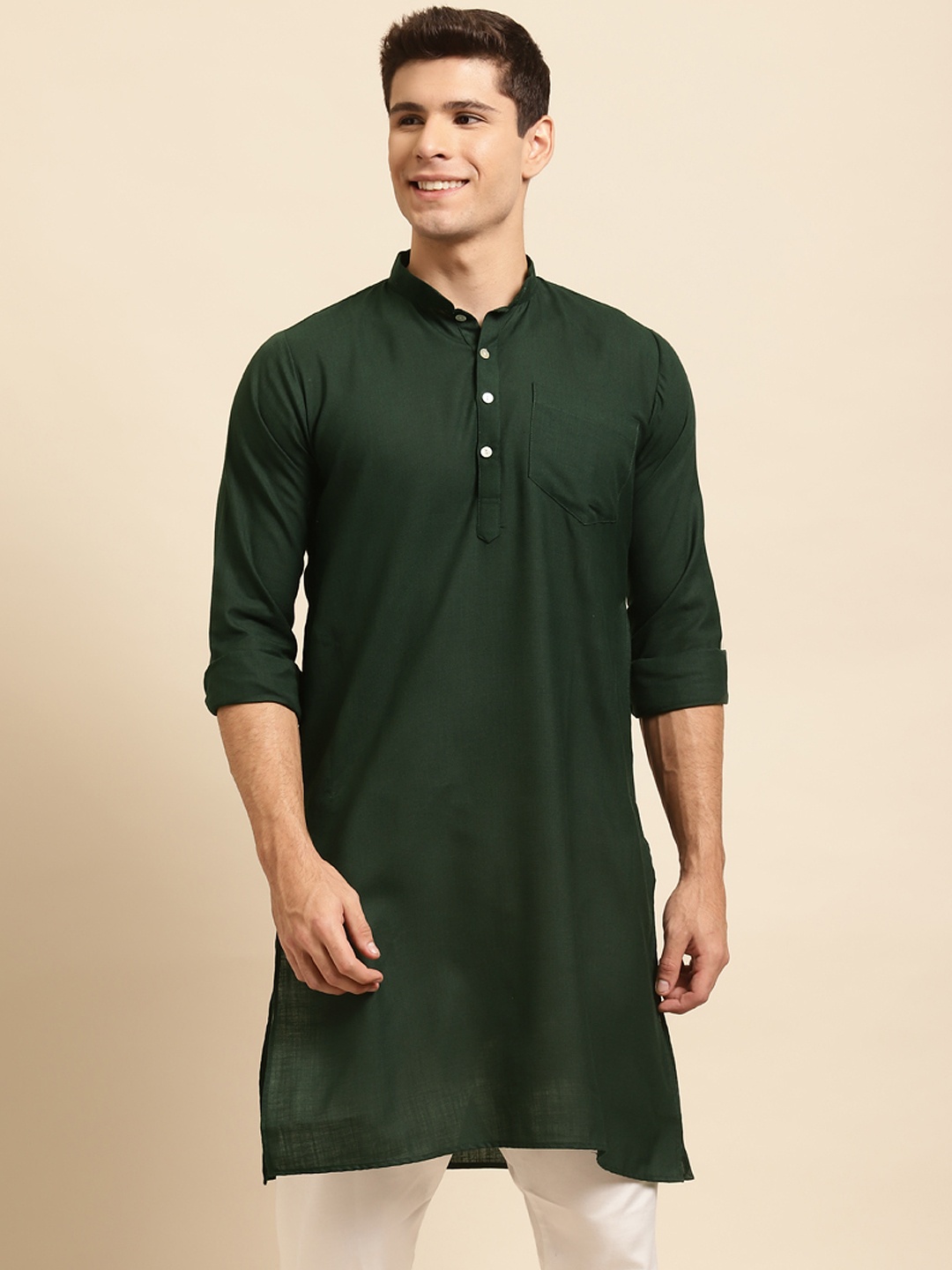 

RAJUBHAI HARGOVINDAS Men Green Solid Straight Kurta