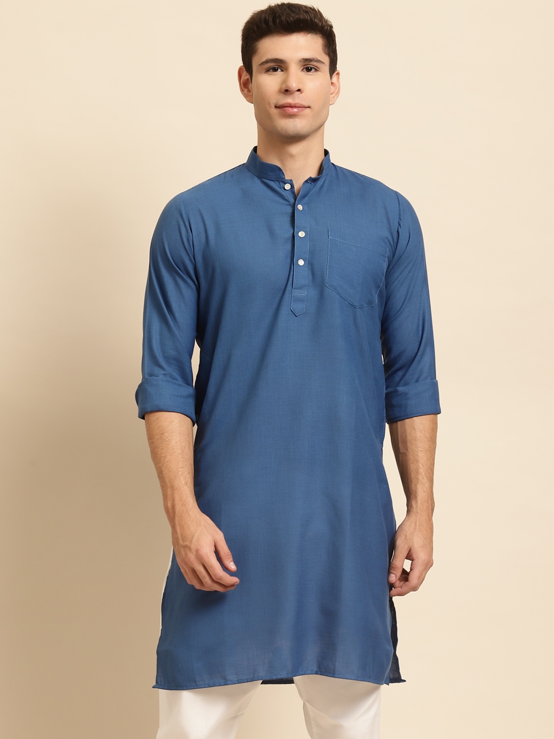

RAJUBHAI HARGOVINDAS Men Blue Solid Straight Kurta
