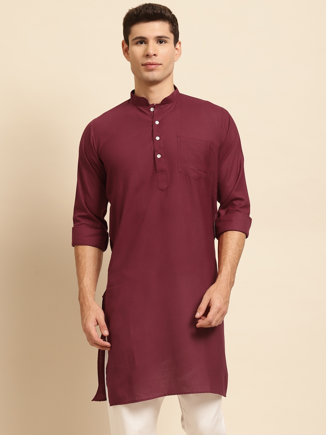 

RAJUBHAI HARGOVINDAS Men Maroon Solid Straight Kurta