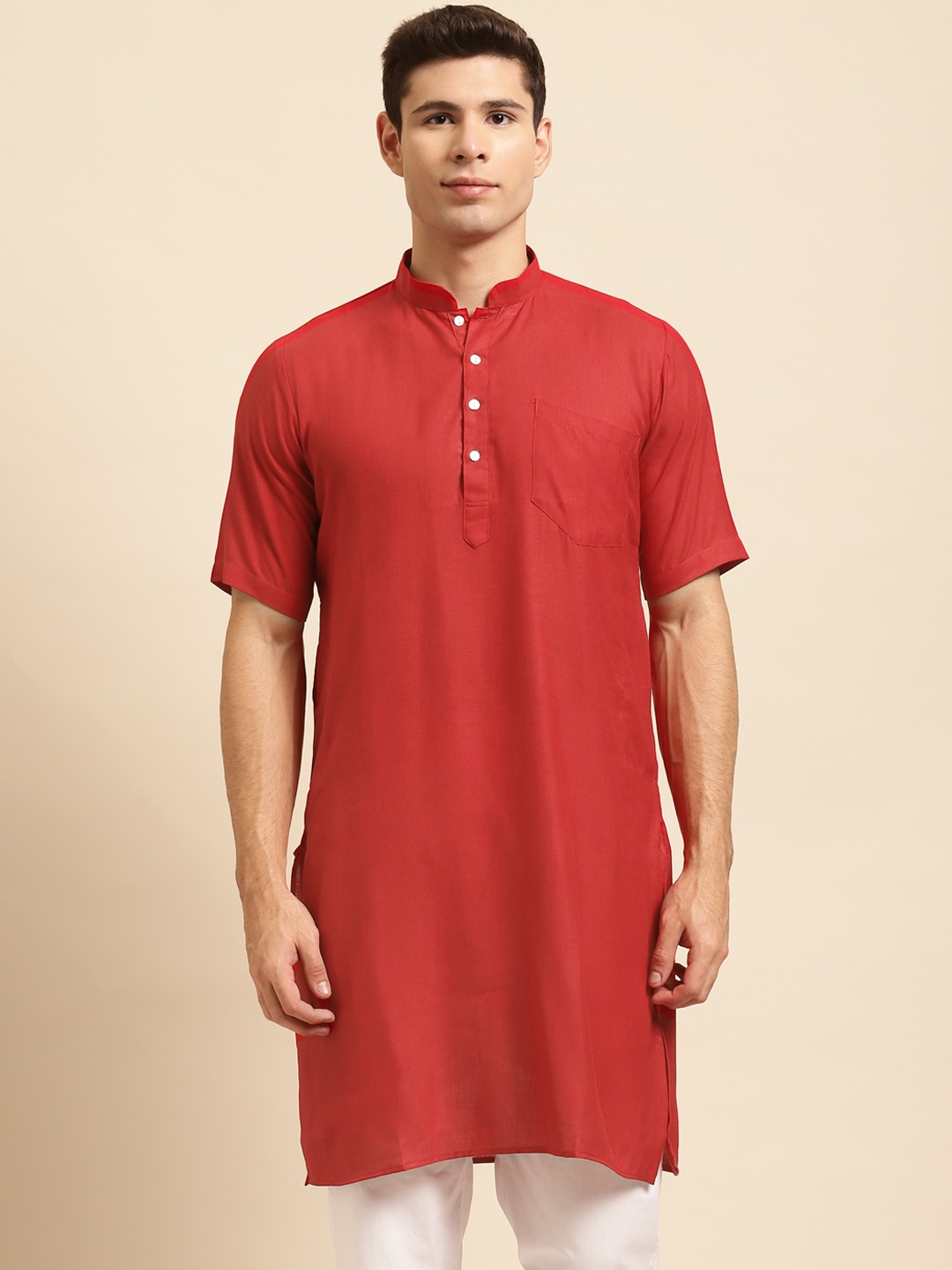 

RAJUBHAI HARGOVINDAS Men Red Solid Straight Kurta