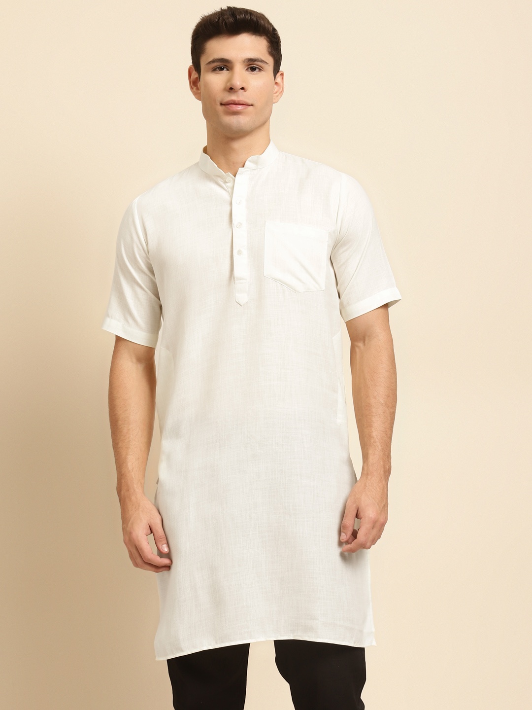 

RAJUBHAI HARGOVINDAS Men Off-White Solid Straight Kurta