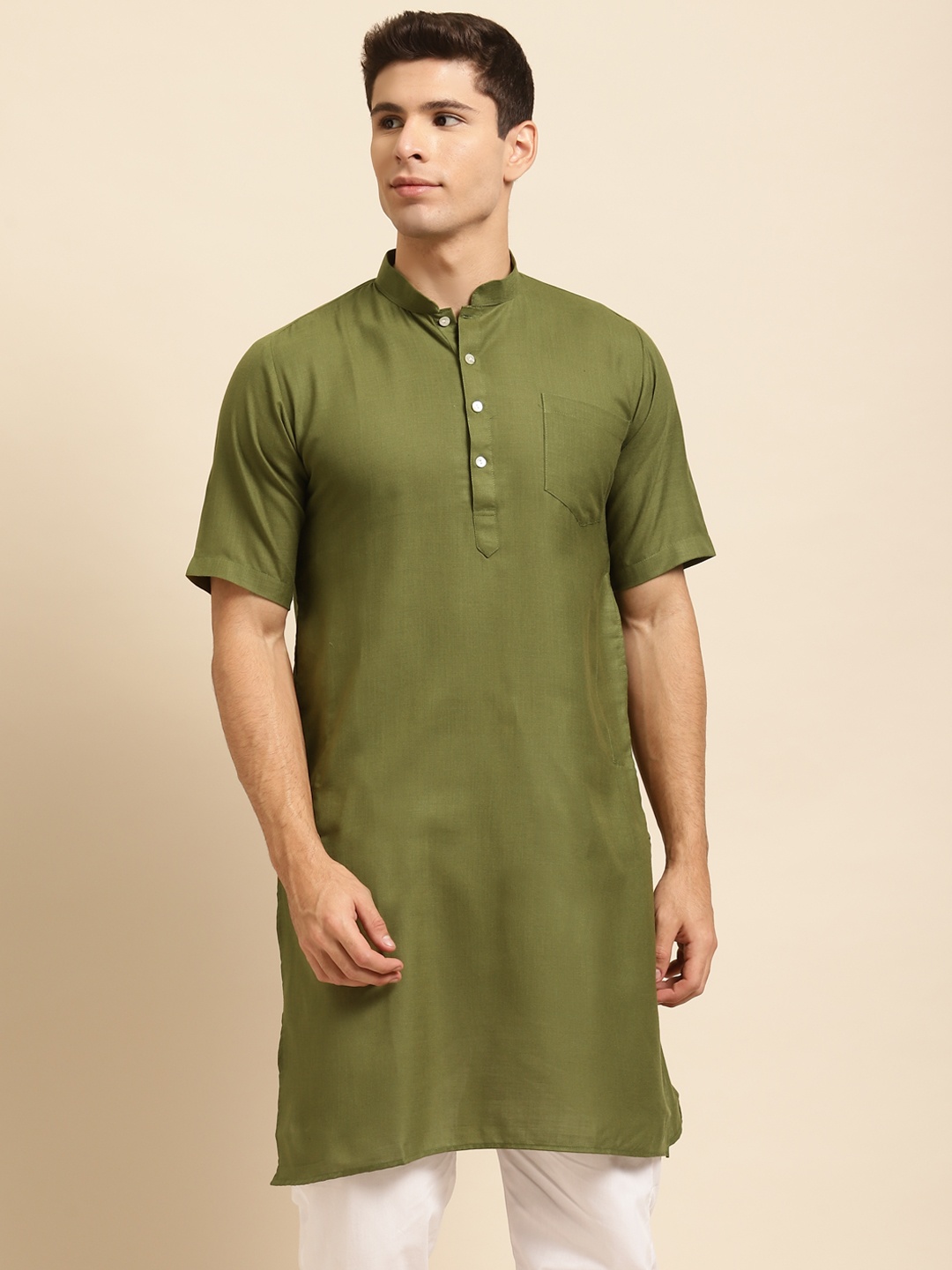 

RAJUBHAI HARGOVINDAS Men Olive Green Solid Straight Kurta