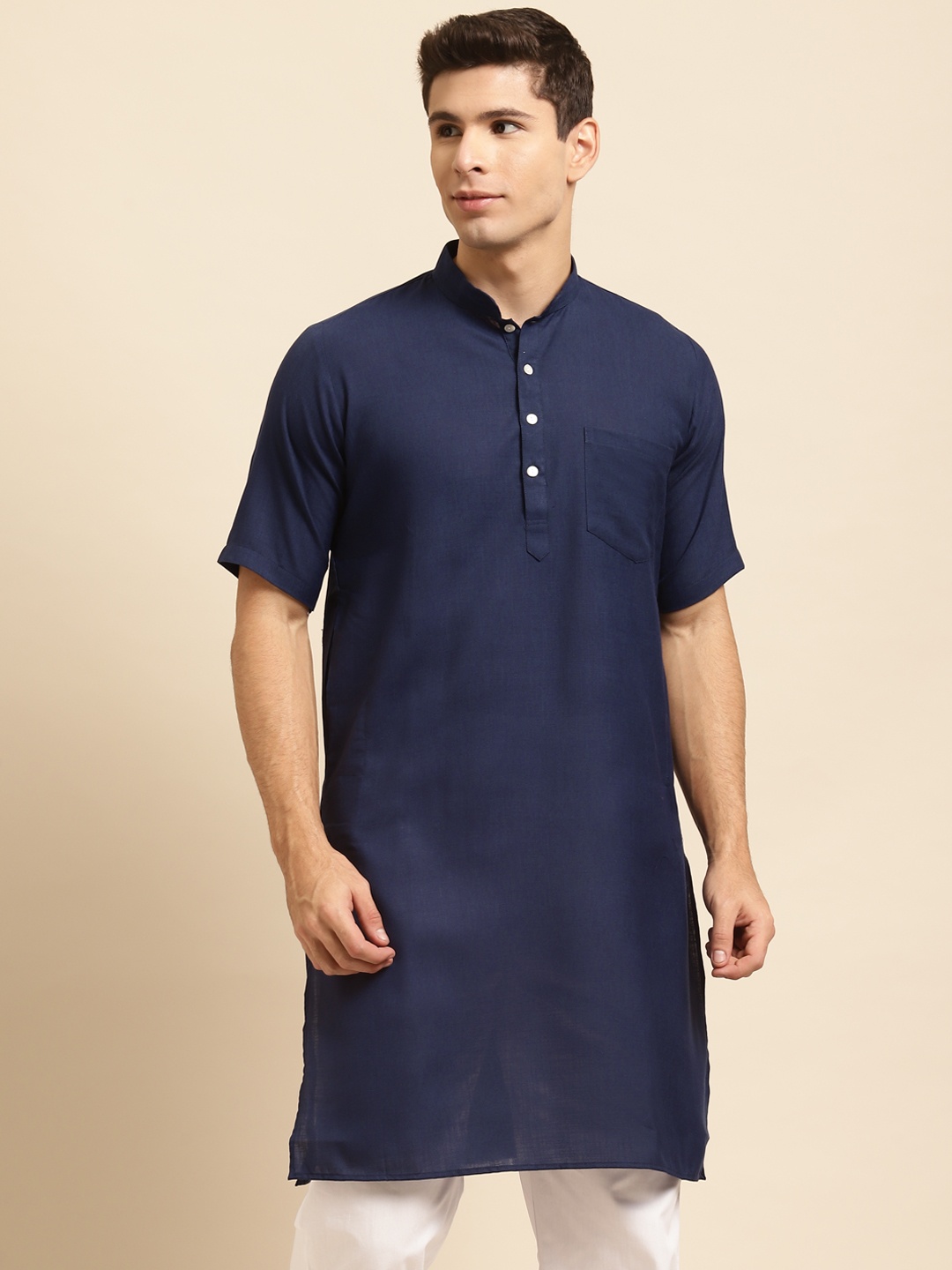 

RAJUBHAI HARGOVINDAS Men Navy Blue Solid Straight Kurta