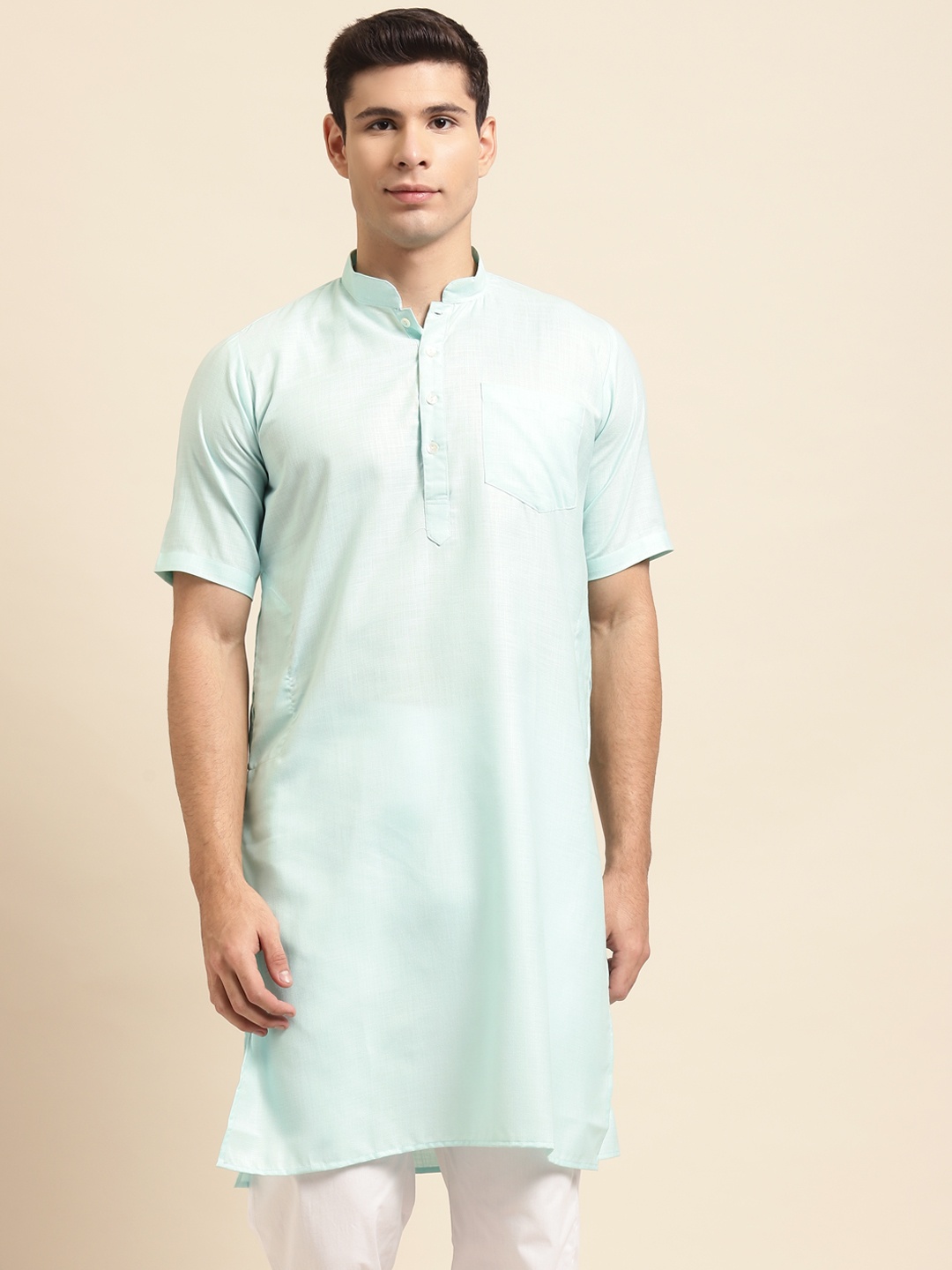 

RAJUBHAI HARGOVINDAS Men Blue Solid Straight Kurta