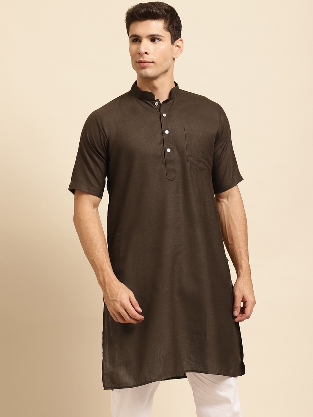 RAJUBHAI HARGOVINDAS Men Brown Solid Straight Kurta