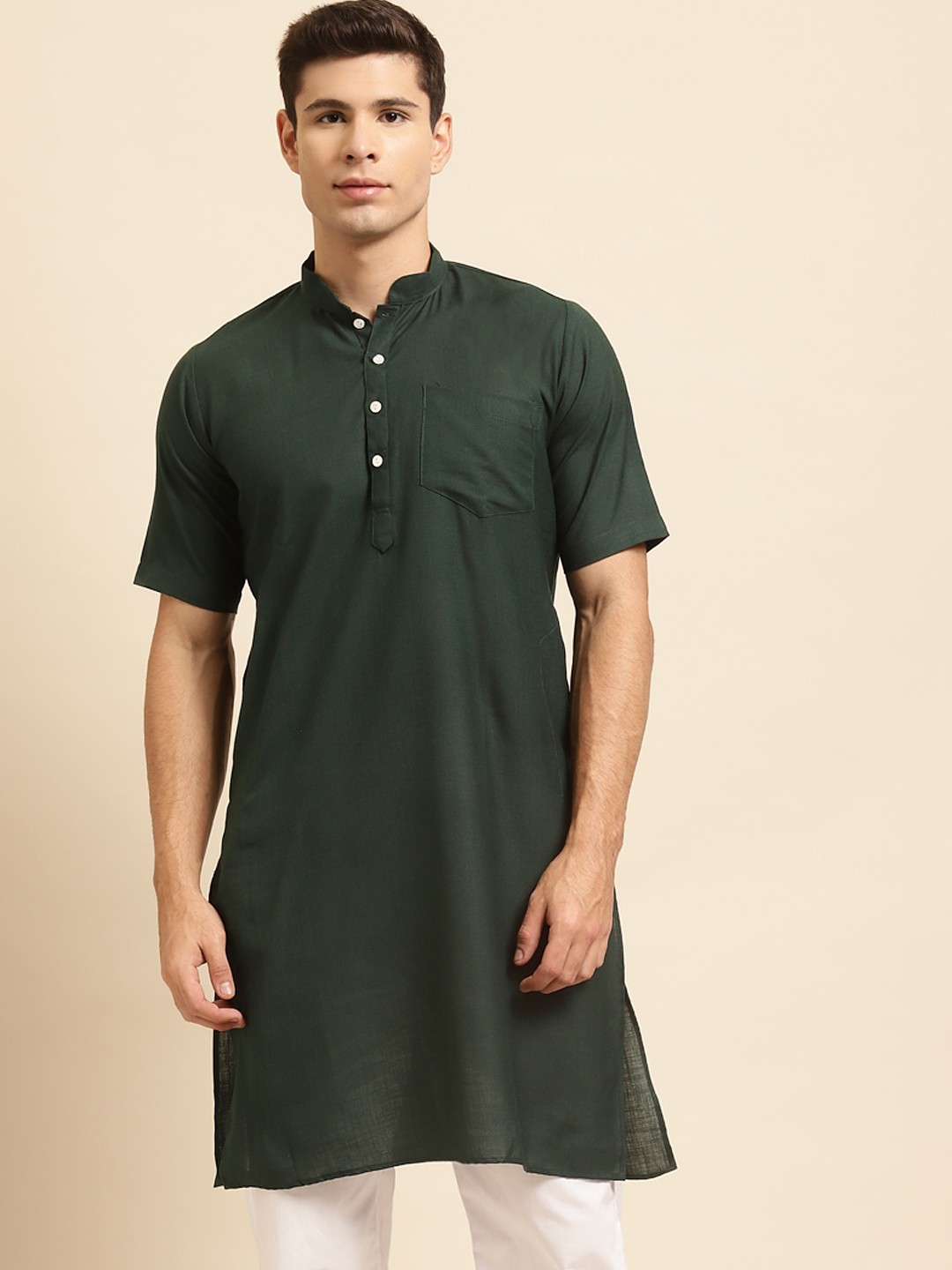 

RAJUBHAI HARGOVINDAS Men Green Solid Straight Kurta