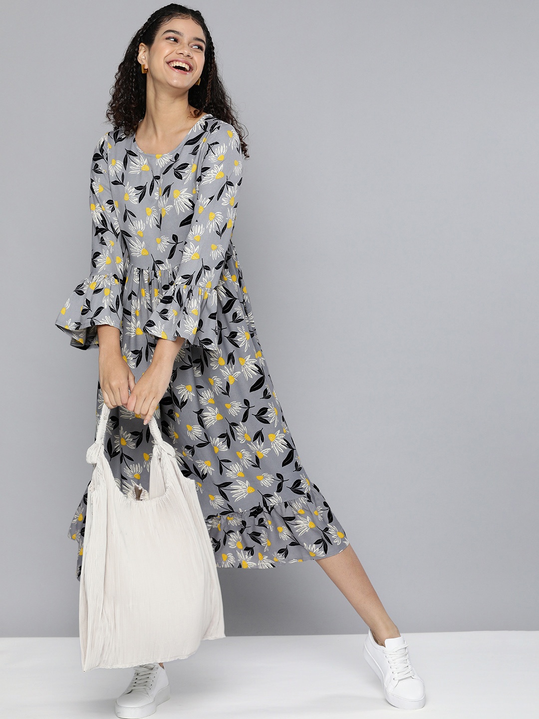 

HERE&NOW Women Multicoloured Floral Printed Midi Fit & Flare Dress, Multi