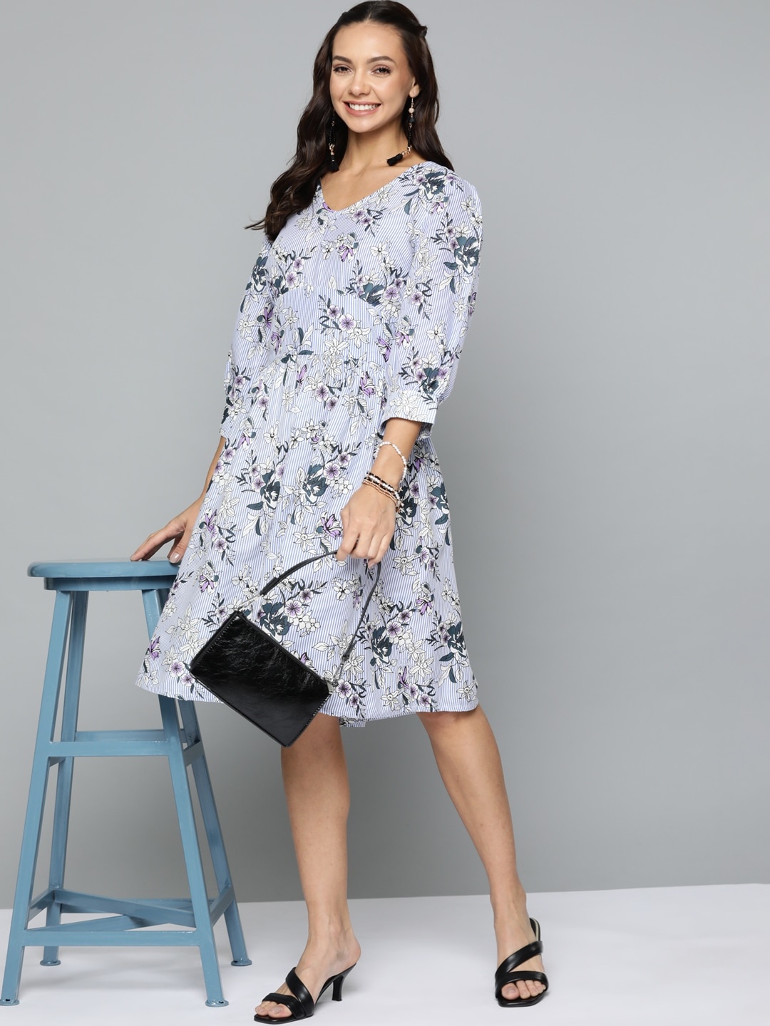 

HERE&NOW Women White & Blue Striped Floral Printed A-Line Dress