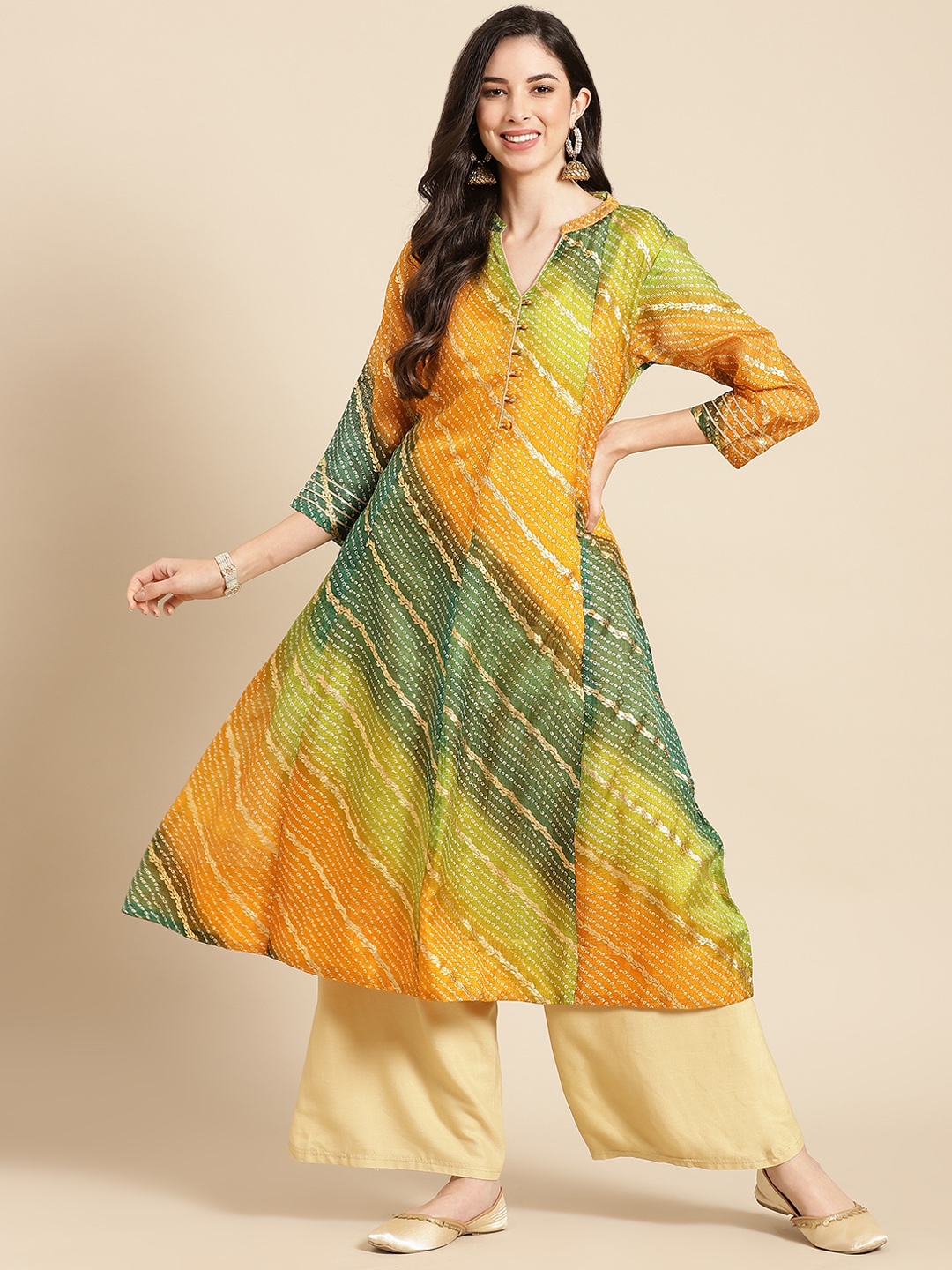 

Varanga Women Mustard Yellow & Green Bandhani Printed Anarkali Kurta