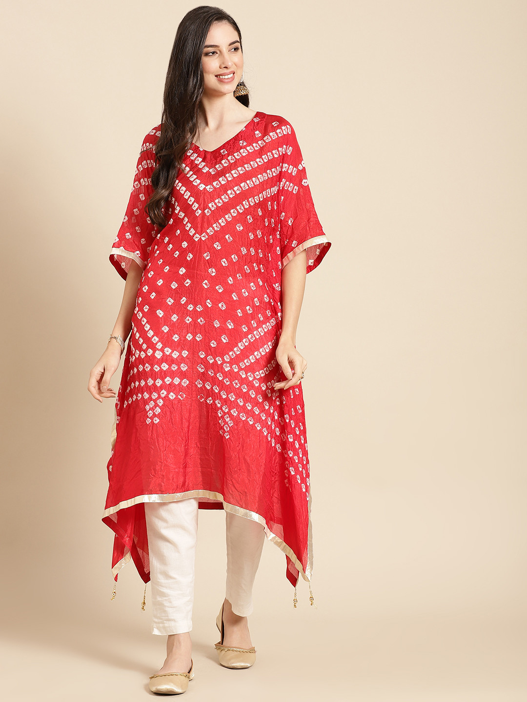 

Varanga Women Red & White Bandhani Printed Gotta Patti Kaftan Kurta