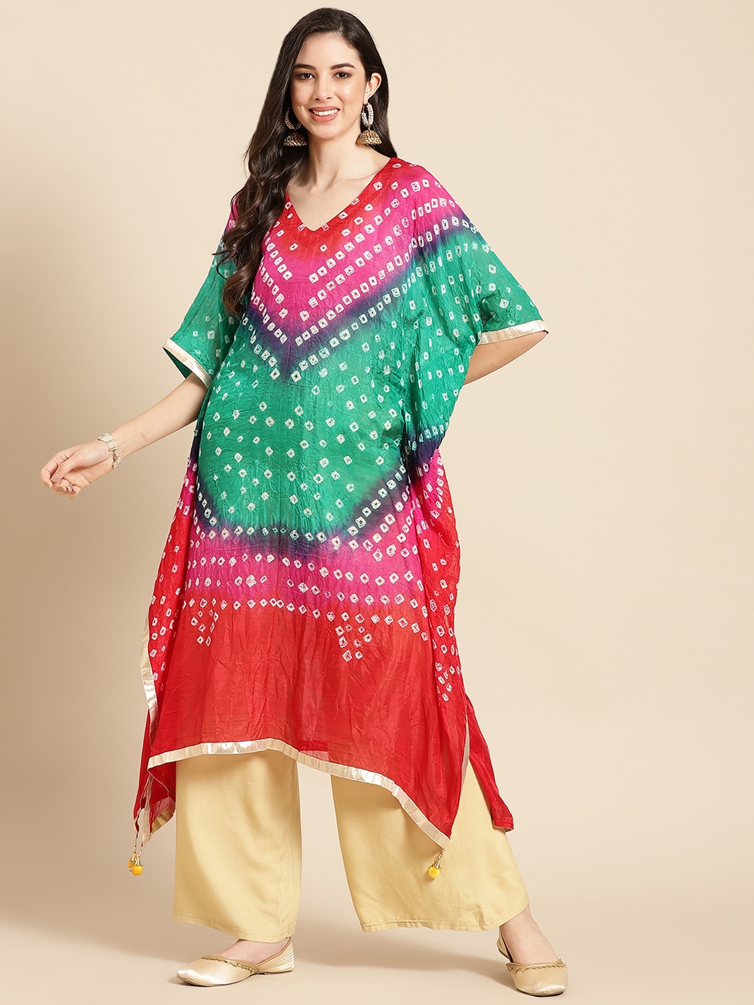 

Varanga Women Green & Red Bandhani Printed Kaftan Kurta