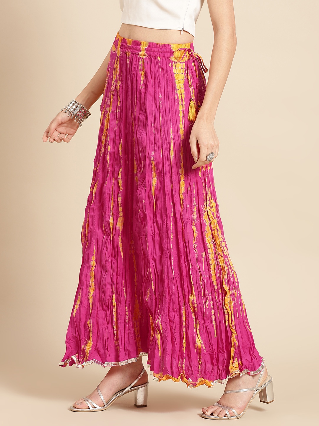 

Varanga Pink And Mustard Elasticated Tie And Dye Print Flared Skirt