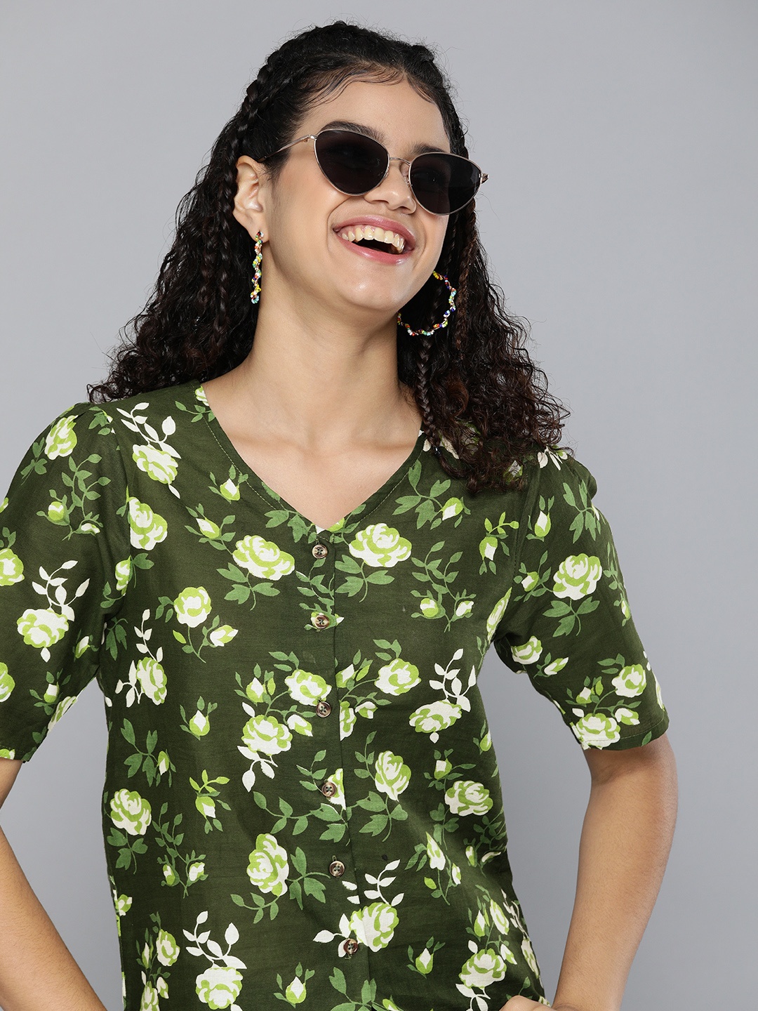 

HERE&NOW Olive Green & White Tropical Printed V-Neck Shirt Style Top
