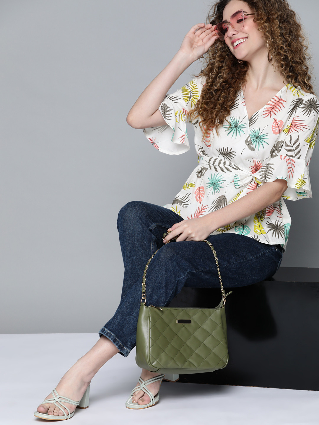 

HERE&NOW White & Grey Floral Print Wrap Top