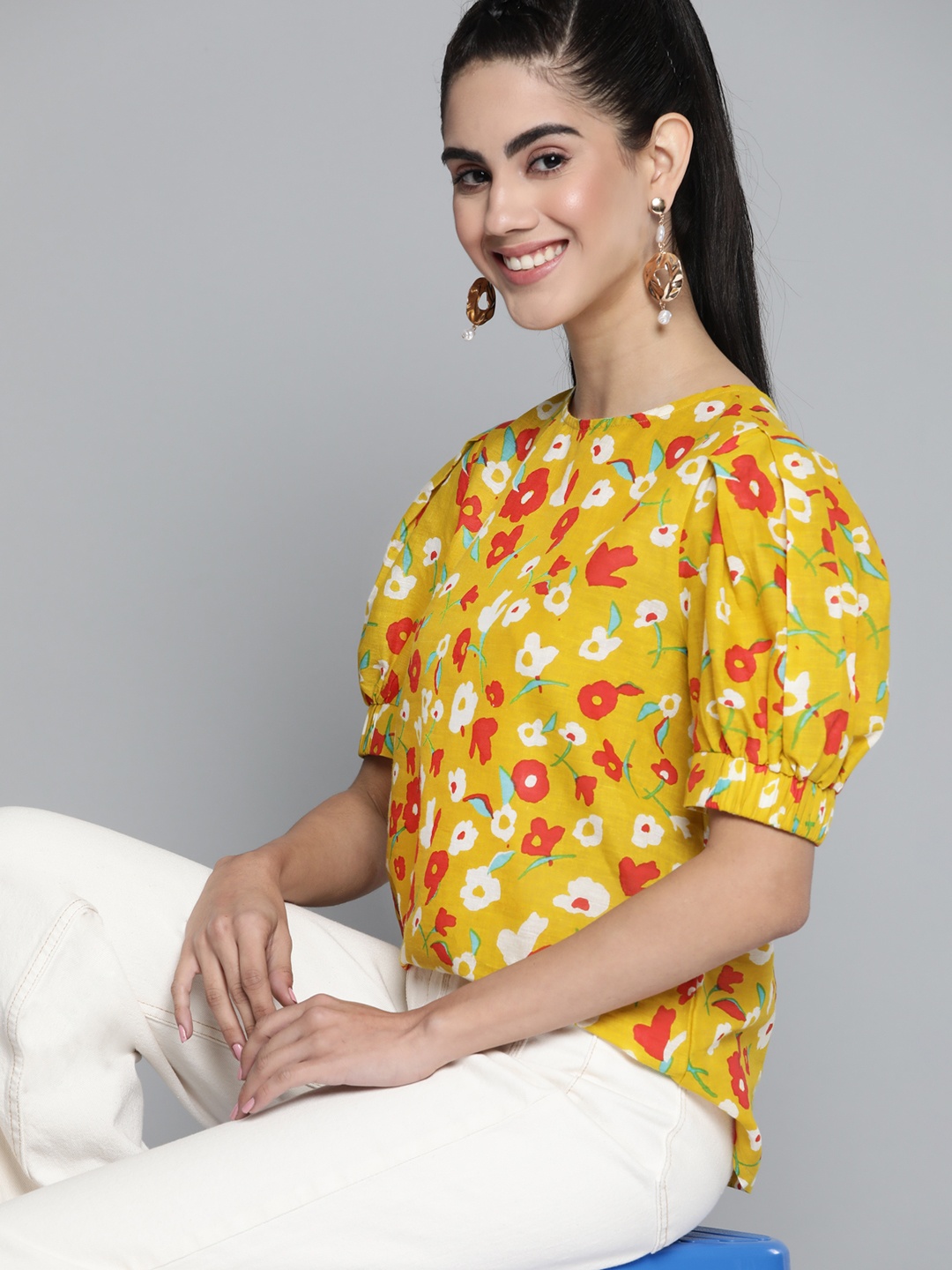 

HERE&NOW Mustard Yellow & Red Floral Print Pure Cotton Top