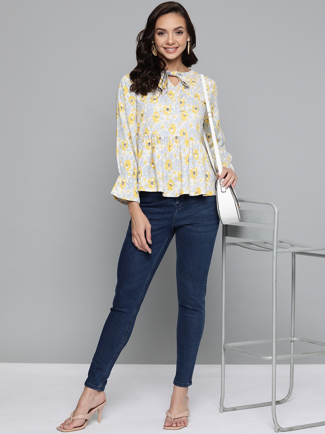 

HERE&NOW Women Yellow & Grey Floral Print Tie-Up Neck Top