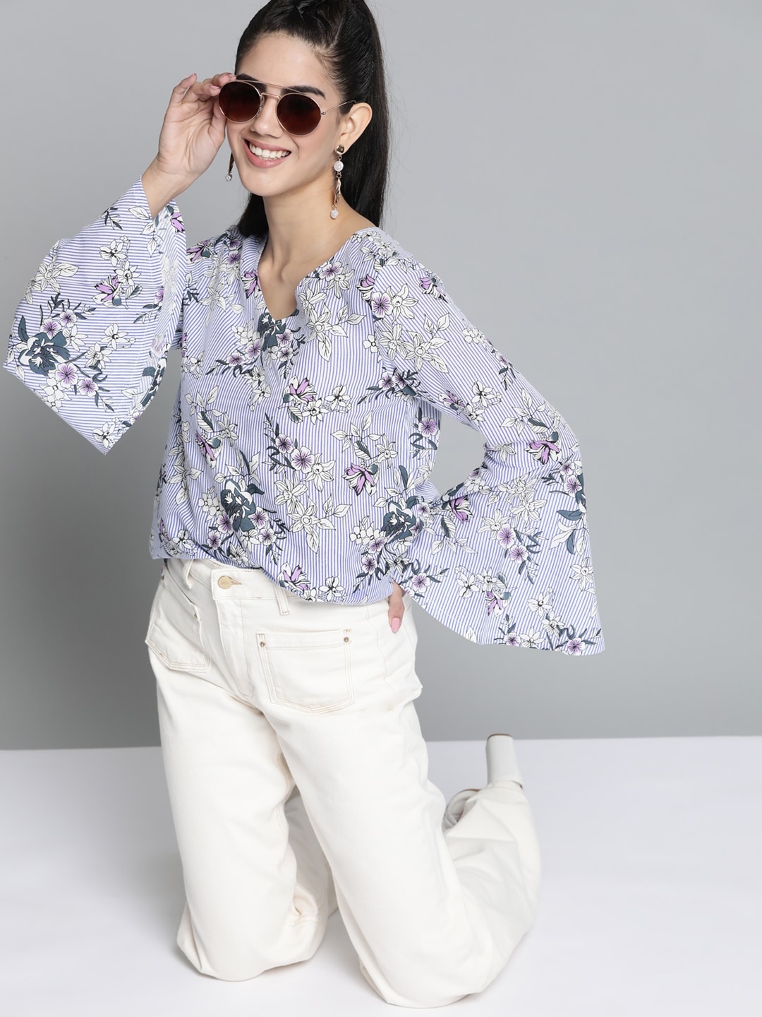 

HERE&NOW White & Blue Striped With Floral Print Detail Top