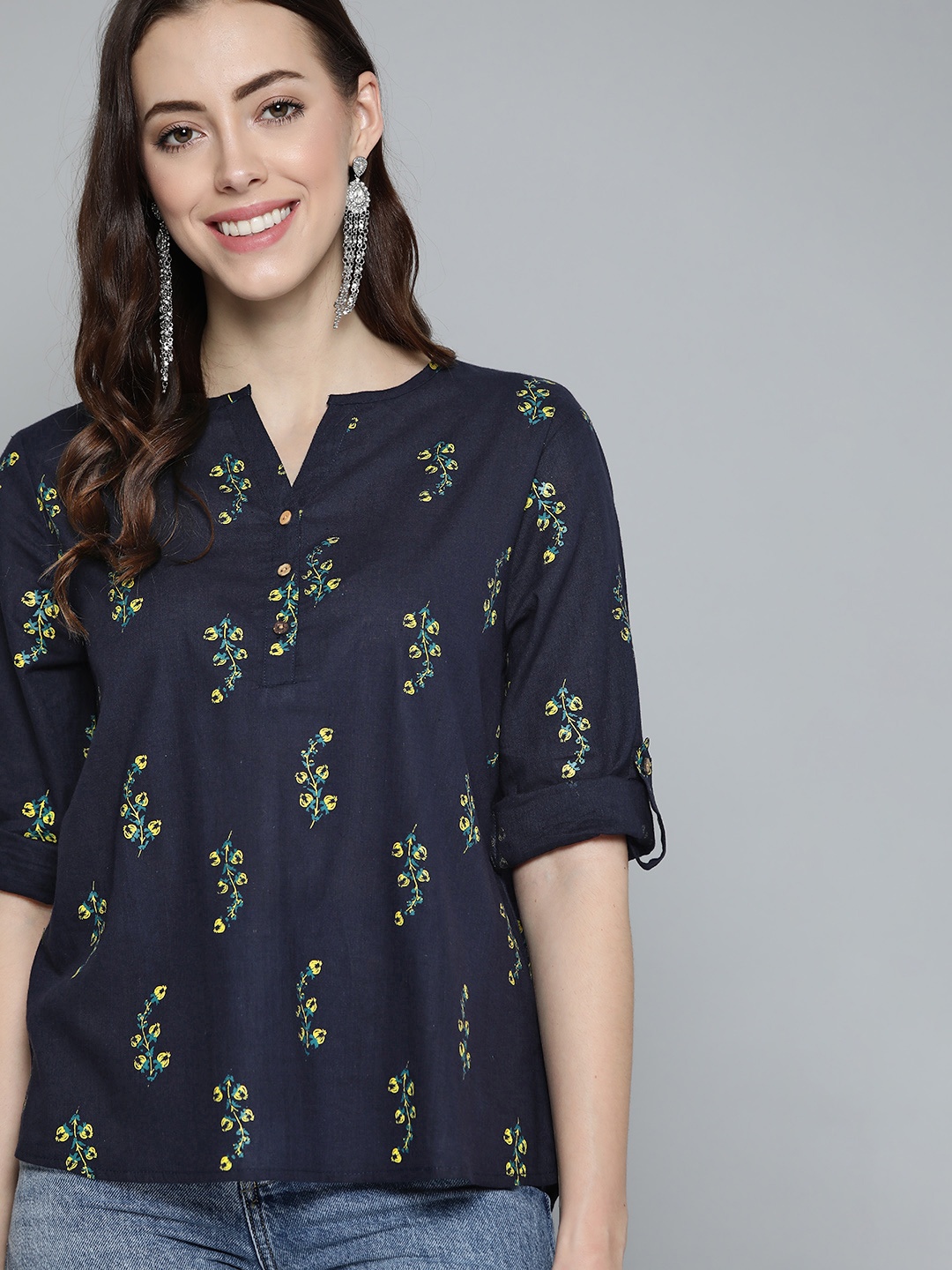 

HERE&NOW Women Navy Blue & Yellow Pure Cotton Floral Print Top