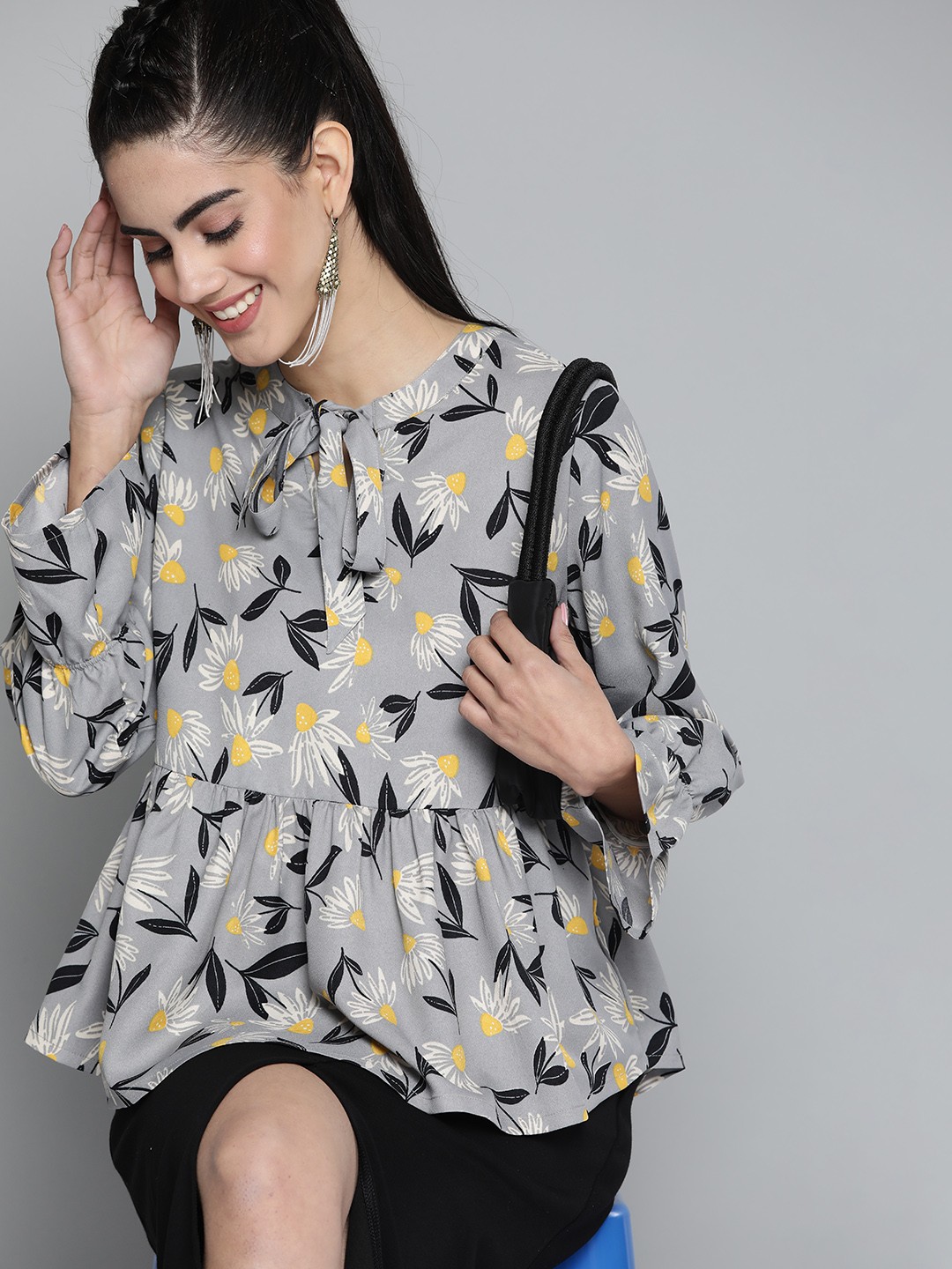 

HERE&NOW Grey & Black Floral Print Tie-Up Neck Top
