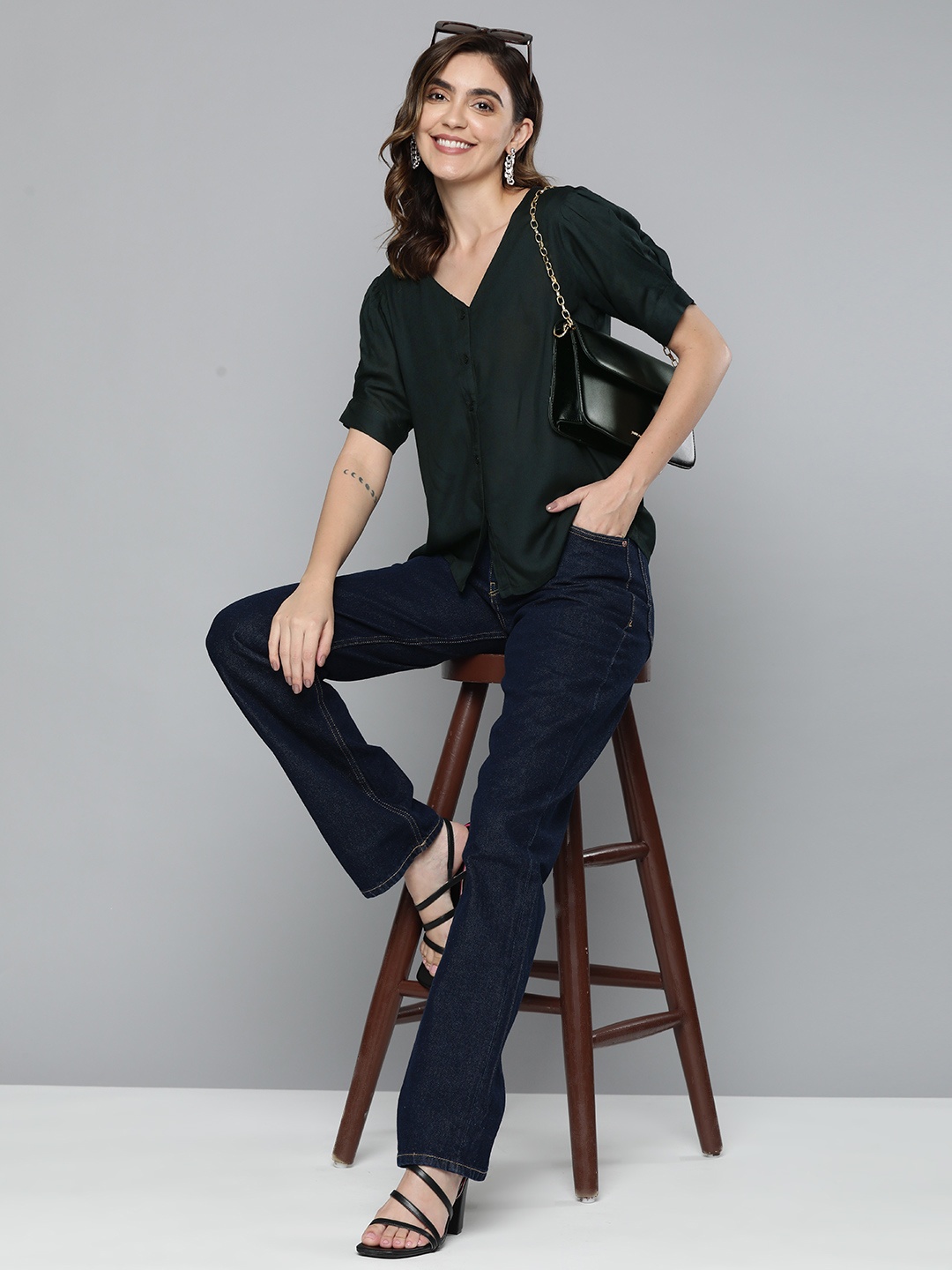 

HERE&NOW Green Solid Shirt Style Top