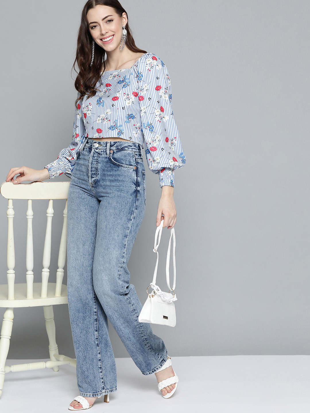 

HERE&NOW Women White & Blue Striped Floral Print Blouson Crop Top