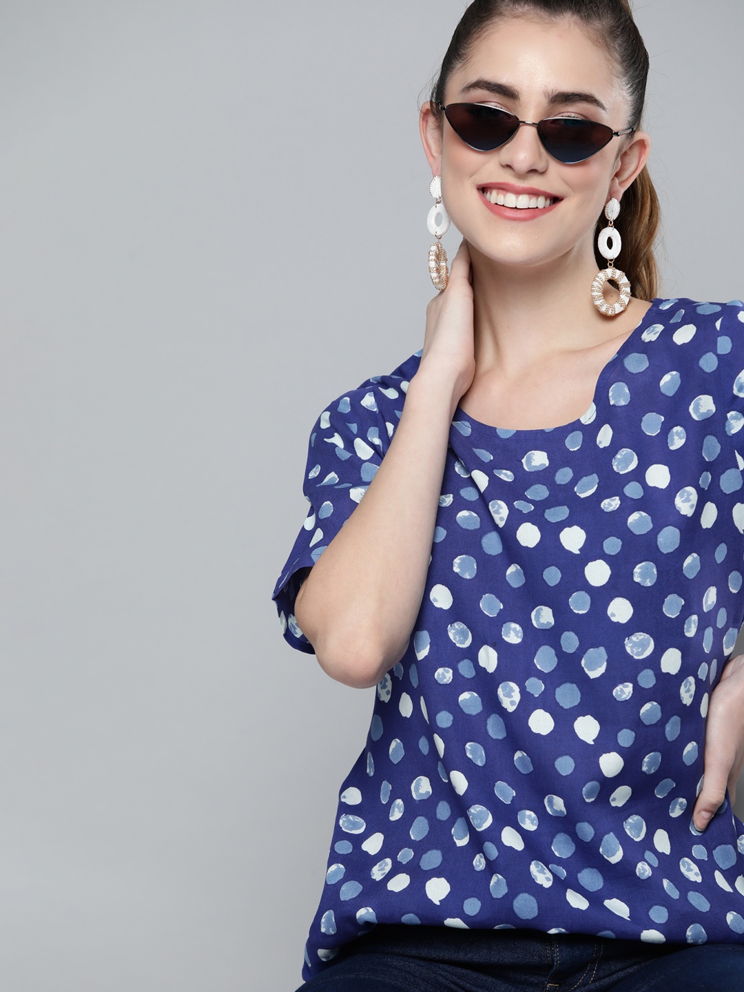 

HERE&NOW Women Navy Blue & White Polka Dots Print Top