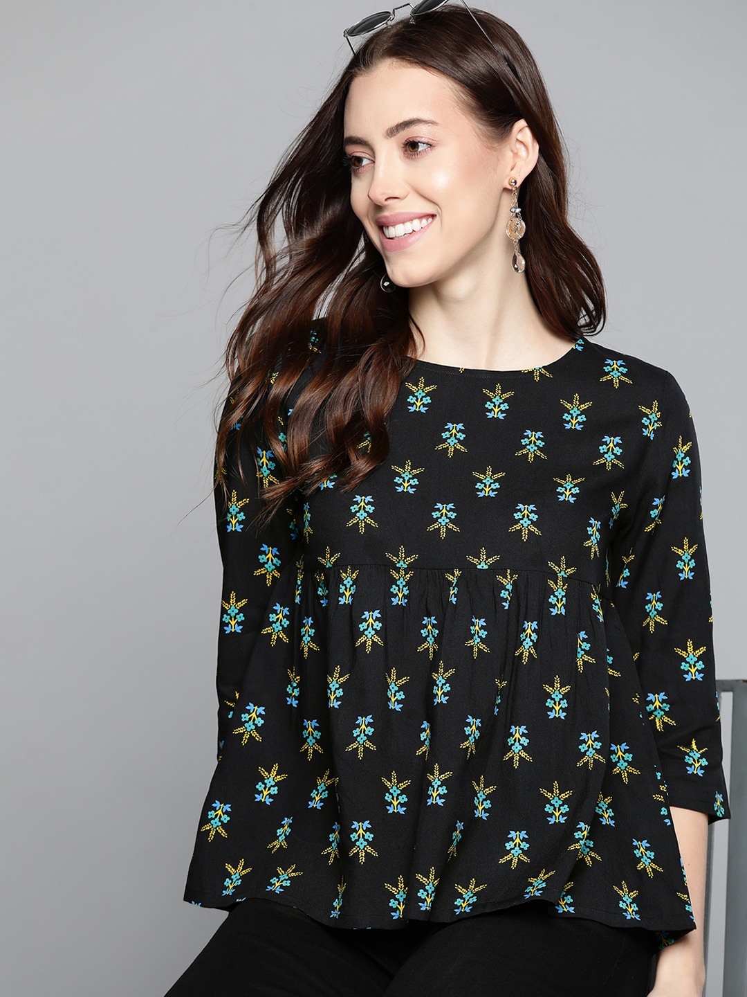 

HERE&NOW Women Black & Green Floral Print Top with Gathered Detail